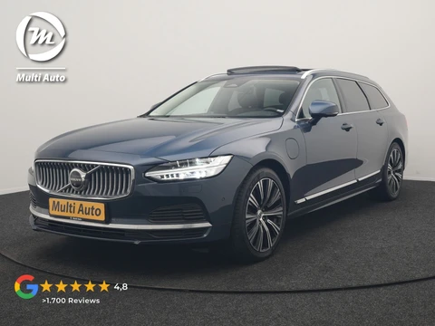 Volvo V90 T8 AWD Ultimate Bright LONG RANGE PHEV 350pk | Trekhaak Af Fabriek | Panodak | Adaptive Cruise | 360 Camera | Head Up | Lederen Sportstoelen Memory & Massage & Ventilatie | Bowers & Wilkins | Blis | Keyless | Stuur & Stoelen Verwarmd | Plug In Hybrid |