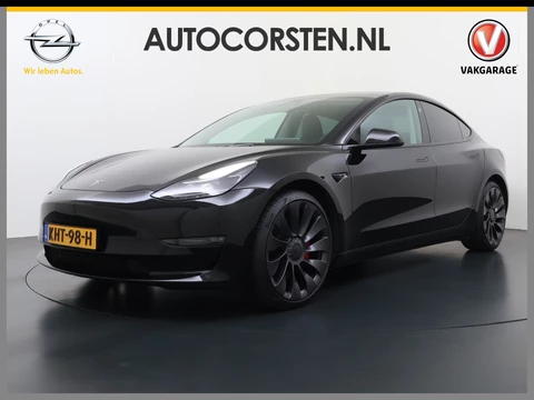 Tesla Model 3 Performance AWD 513PK Facelift Warmtepomp Lmv 20" Panoramadak Adap.Cruise Elek.Verwarmde Stoelen+Memory Inductieladen Navi Camera's Ecc Leder SOH 85.6% Led Pdc Privacy Glas Elek.Achterklep Keyless 4WD Fabrieksgarantie op Accu en Motor tot 18-02-2029/192.000KM