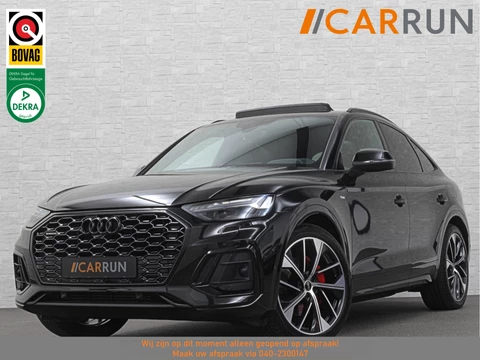 Audi Q5 Sportback 300pk TFSI e S-Line Competition | RS-Leder | Luchtvering | 360 Camera | Panorama | B&O | ACC | SQ5 Diffuser | Sfeerverlichting | Trekhaak | Stoelverwarming V+A | LED-Matrix | Keyless-Entry | Memory | Zonwering | Standkachel | Stuurverwarming | 21 inch | Black-Optic | Carplay |