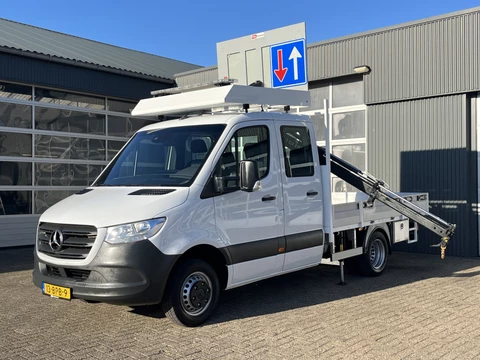 Mercedes-Benz Sprinter 514 CDI 366 Hiab Laadkraan 018T Trekhaak 3500kg trekgewicht Airco 6-Persoons Open laadbak Pick-up Euro 6 Verkeersbord Actiebord Pijlenbord Bakwagen P-up Tachograaf 1e eigenaar ex gemeente