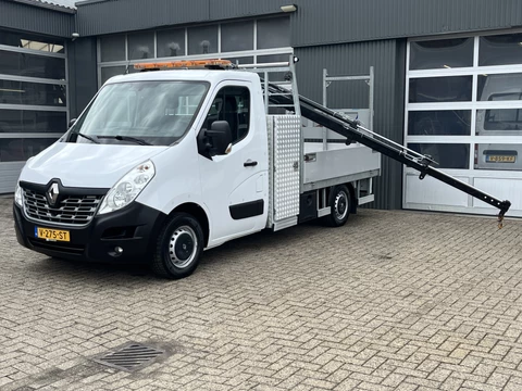 Renault Master T35 2.3 dCi L2 Energy Hiab Laadkraan T-CLX 013 Trekhaak 2500 kg Airco 2-Persoons Open laadbak Pick-up Euro 6 Verkeersbord Actiebord Pijlenbord Bakwagen P-up  1e eigenaar ex gemeente Hydraulische kraan