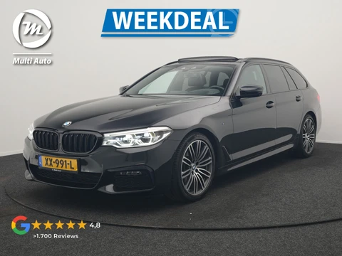 BMW 5 Serie Touring 520i M Sport 184pk Dealer O.H. | Panodak | Head Up | 360 Camera | Lederen Comfortzetels Memory & Verwarmd | Sfeerverlichting | Blis | Apple Carplay | Stuur Verwarmd | Adaptive LED | Navigatie | DAB | 19"L.M |
